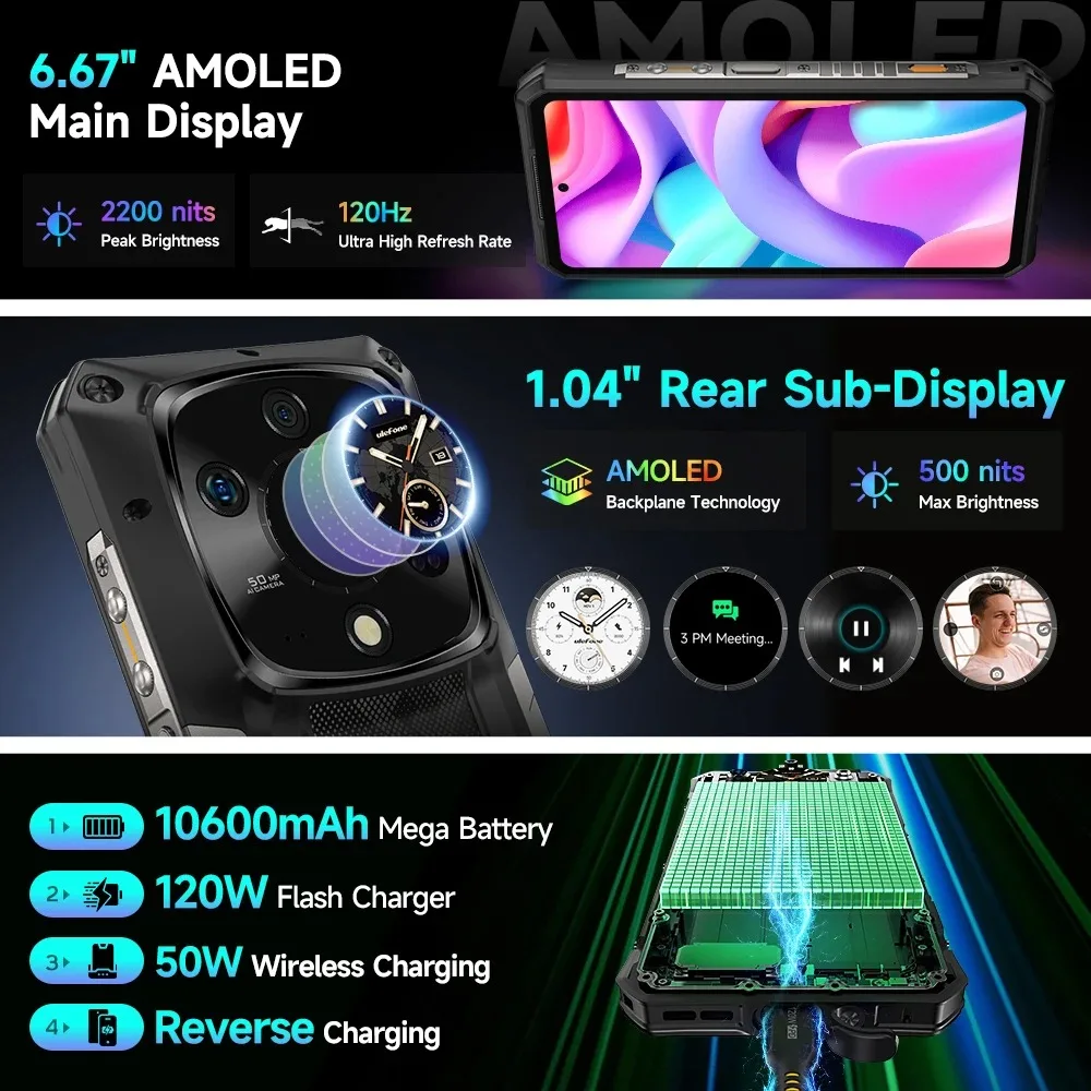 Ulefone Armor 28 Pro 5G AI هاتف متين 6.67 بوصة AMOLED 64MP هاتف ذكي 120 وات MTK الأبعاد 7300 10600mAh 512GB ROM هاتف محمول