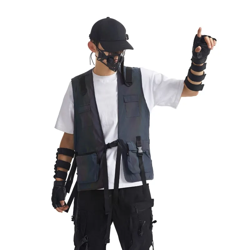 Multi Pocket Reflective Vest Mens Techwear Jacket Oversize Utility Vest Colorful Outdoor Cycling Gear Hiking Cargo Harness