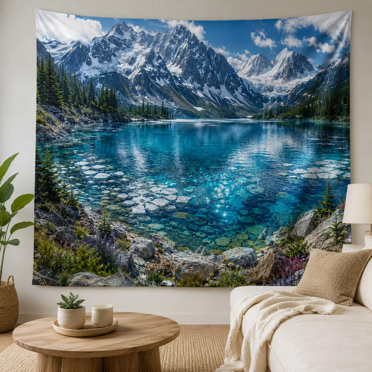 Aesthetic Snow Mountain Wall Tapestry Winter Lake Wall Hanging Nature Landscape Backdrop Pine Tree Room Decor Fabric Tapestries