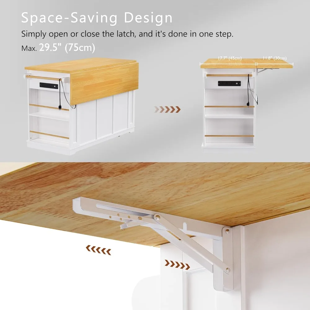 "Functional Kitchen Island with Drop Leaf, 3 Drawers, Breakfast Cart, Power Outlet, and Large Storage"