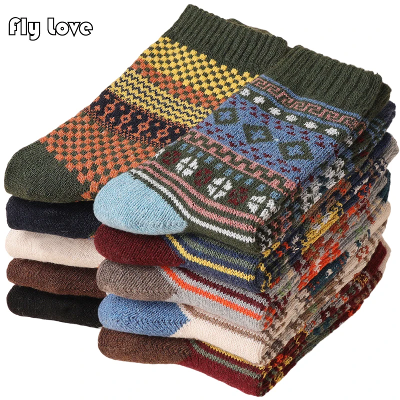 5 Pairs Winter Men Socks Thick Wool Socks Warm Retro Style Colorful Fashion Knit Socks for Snow Boots Size 39-45