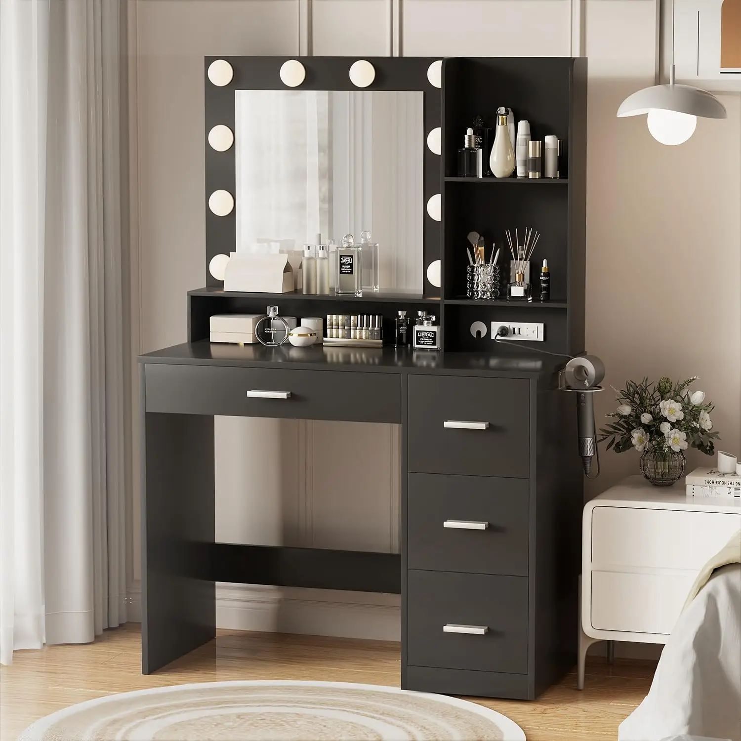 Vanity Desk with Mirror, Power Outlet and 10 Lights, Makeup Table with 4 Drawers, 3 Color Modes Available for Bedroom