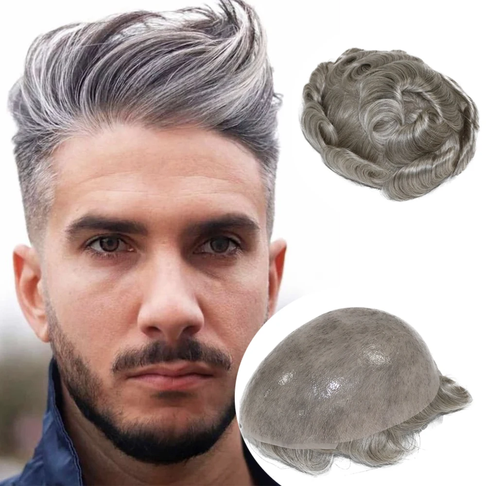 0.06-0.08mm Ultra Thin Skin Invisible Hairline Toupee Men Grey #1B65#1B80 100%Human Hair Wig Undetectable Capillary Prosthesi