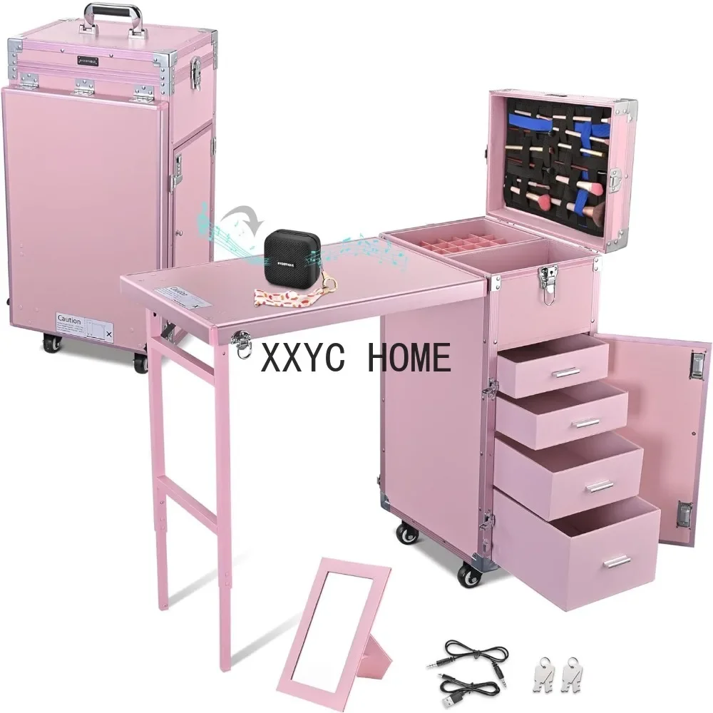 Rolling Manicure Table Foldable Nail Table Makeup Train Case with Desk Cosmetic Trolley Travel Storage Organizer