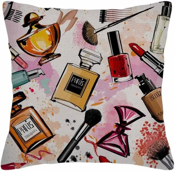 Throw Pillow Covers Pink Makeup Watercolor Cosmetics and Perfumes Collection Girly Pillow Case 18x18 Inch Cushion Cover for Home
