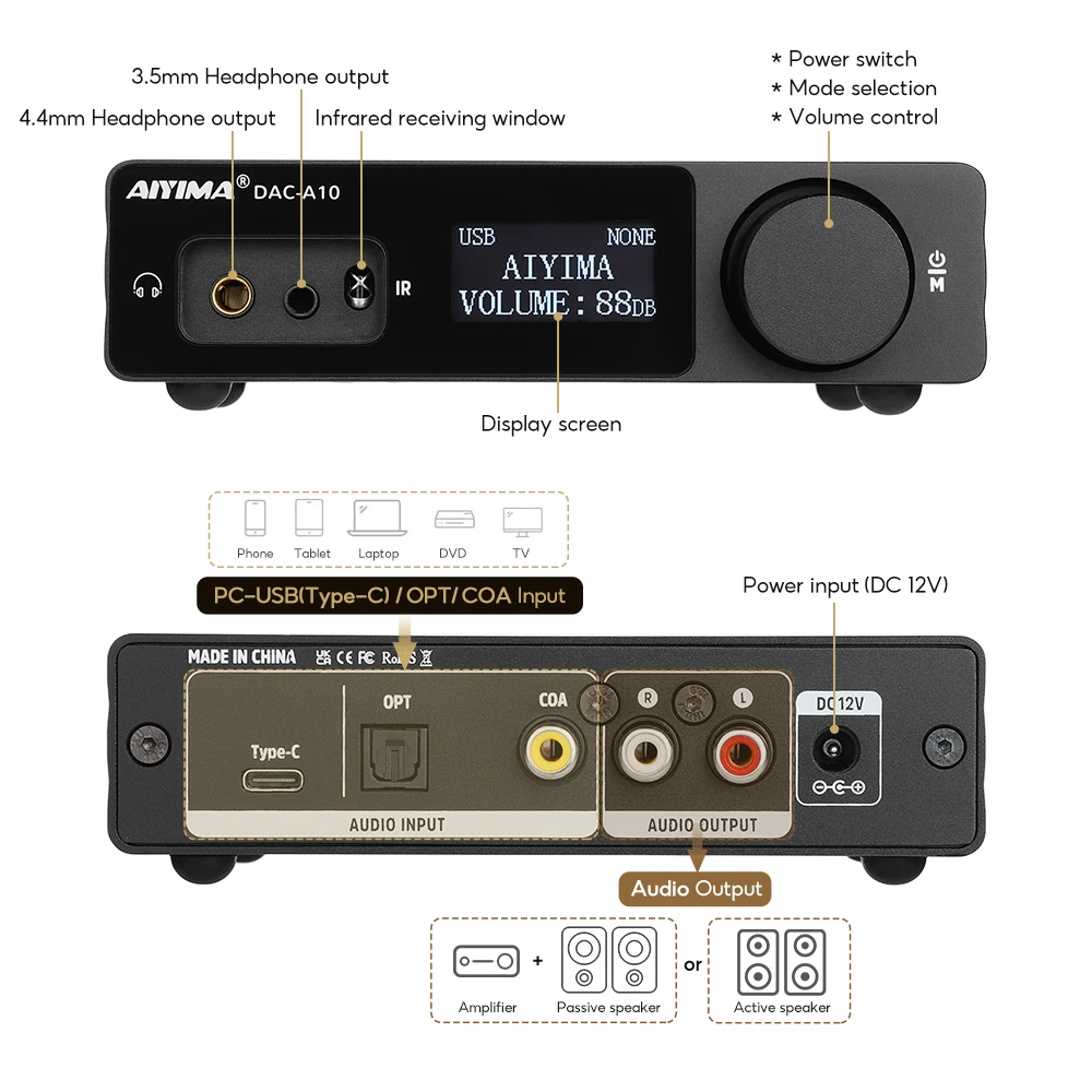 AIYIMA DAC-A10 Audio Decoder Headphone Amplifier With Display Screen XMOS208/ESS9018K2M/TPA6120A2 USB DAC Pre Amplifier 16-600Ω