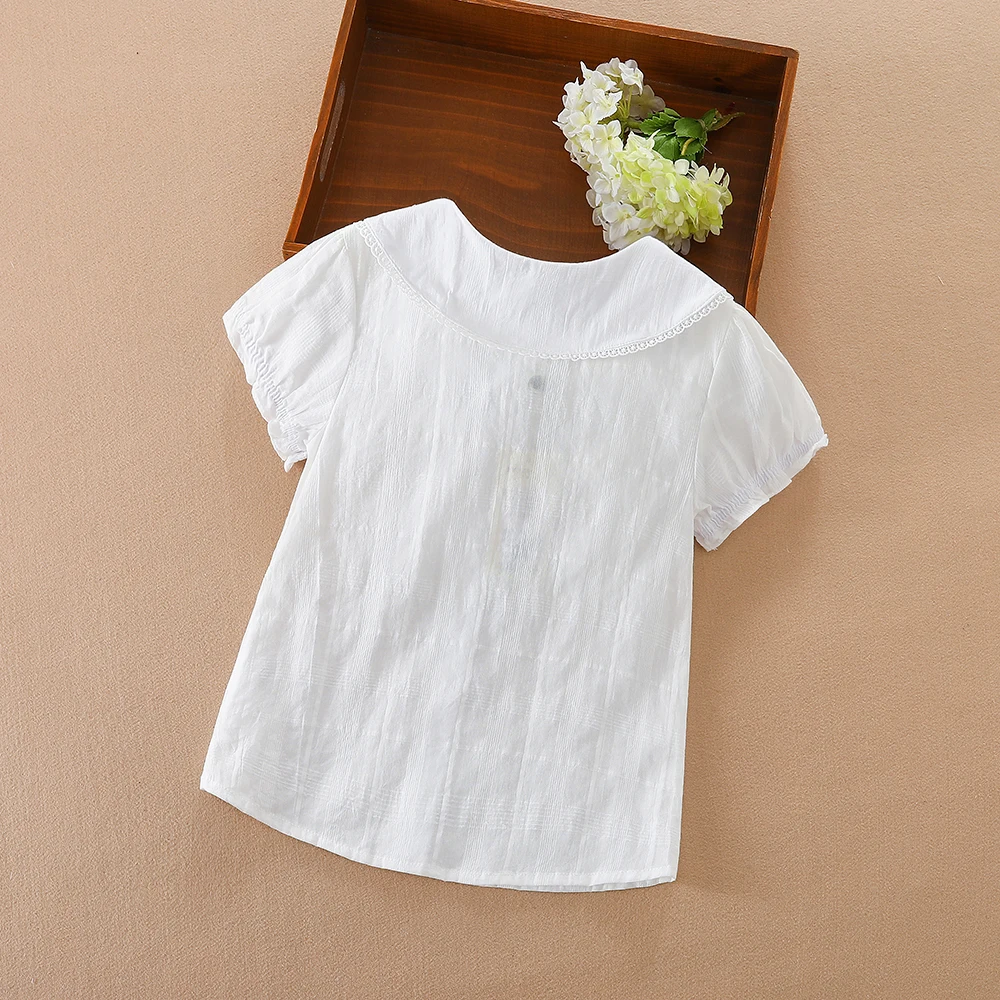 Girls Blouse Shirts Summer Short Sleeve Cotton Lovely Lace Causal White Tops Childrens High Quality Clothes