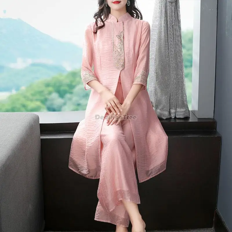 2023 new chinese retro national style female fashion suit half sleeve stand collar top elegant women daily embriodery set g613