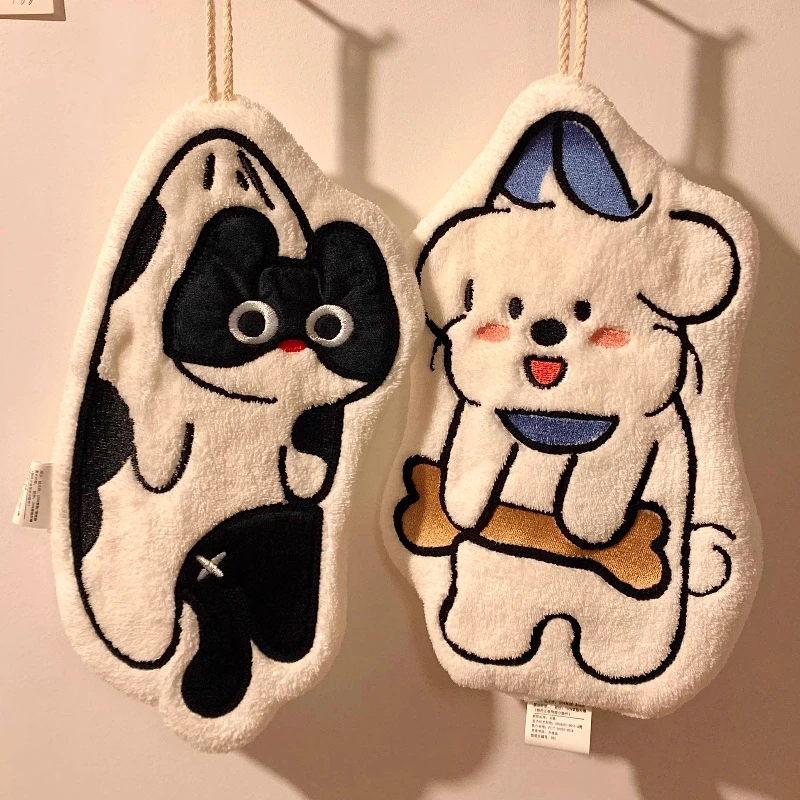 1PC Cute Cartoon Puppy Hanging Hand Towel Super Absorbent Thickened Towel Bathroom Kitchen Supplies Household Goods