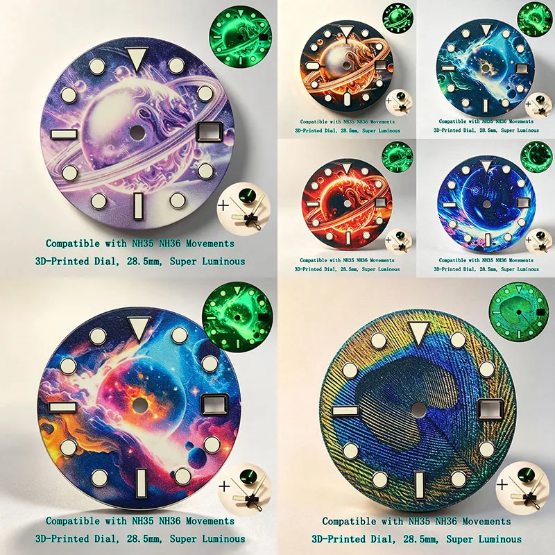 Multi‑Style 28.5mm 3D‑Printed Watch Dial, Super‑Luminova Luminous, Compatible with NH35, NH36 Movements, Watch Accessories