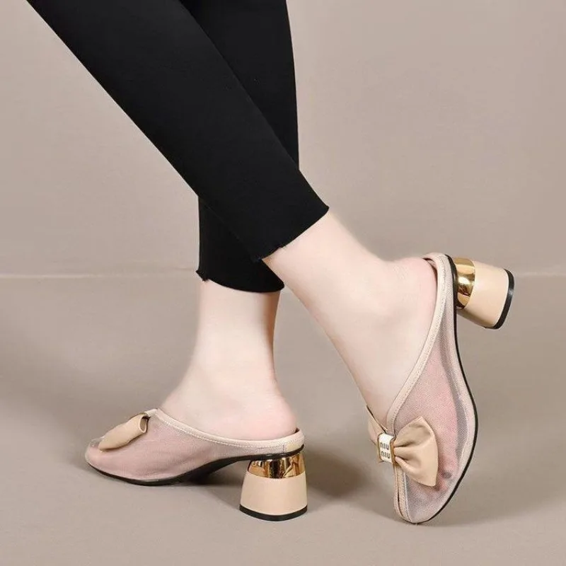 2024 Summer New Wear A Bow Net Gauze Lazy Hollow Breathable Slippers Fashion Elegant Bao Head High Heels Women's Mueller Shoes