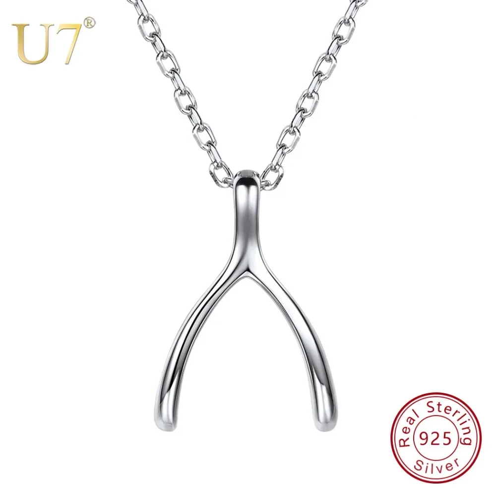 

U7 925 Sterling Silver Wishbone Bone Necklace Women Good Luck Pray Wishes Anniversary Mothers Day Jewelry Gift for Her SC44 QC24