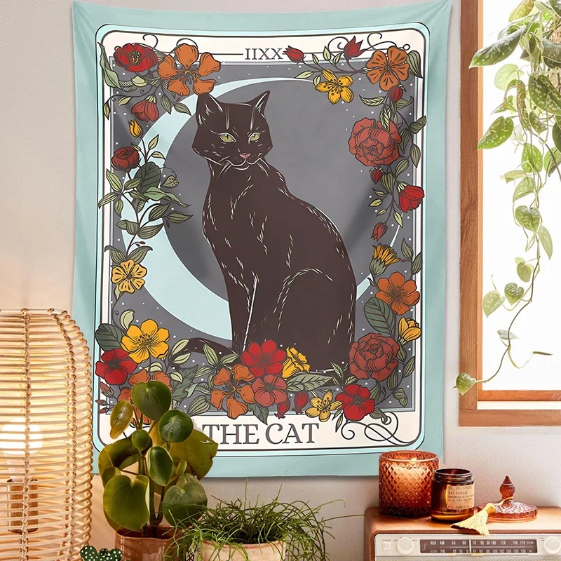 Tarot Cat Tapestry Hippie Wall Hanging Rabbit Snake Psychedelic Witchcraft Divination Magic Boho Room Home Dorm Decor Cloth