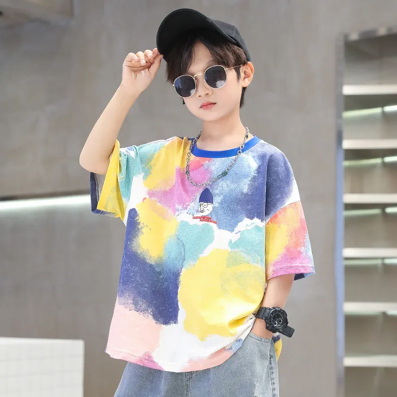 Summer Tie-Dye Cool Kids Boy Casual Tops Print Trendy Children\'s T-shirt Short Sleeve Teenager Tees Cotton Tshirt 4-14 Years Old