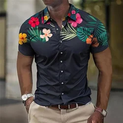 Floral business casual men's printed shirt outdoor street work summer slim short-sleeved black four-way stretch fabric