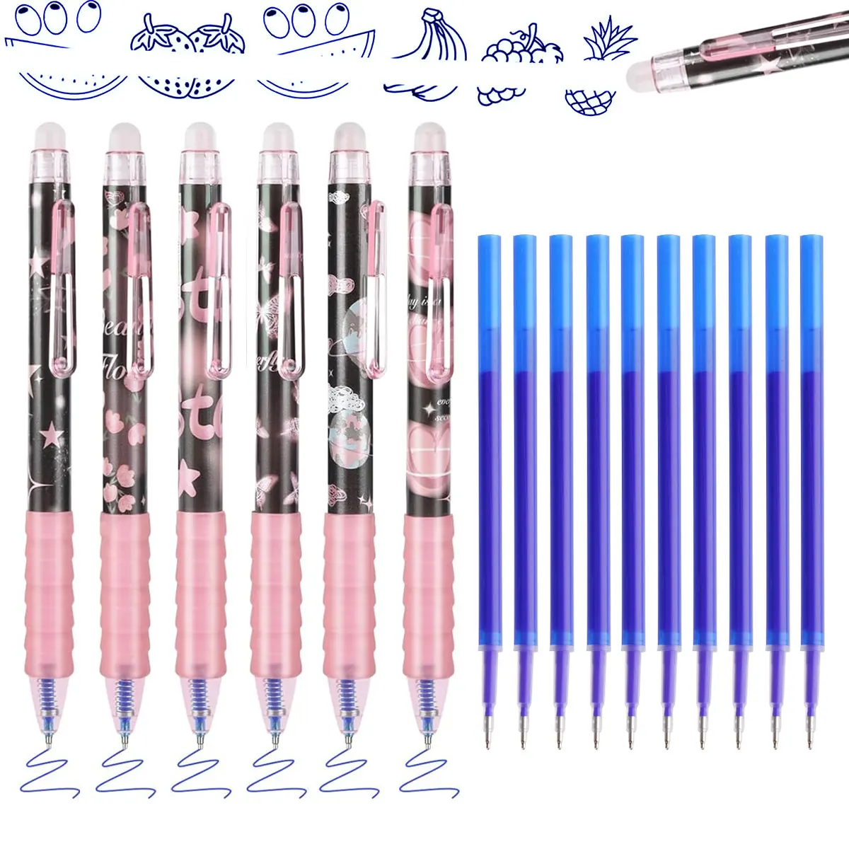 

16 шт., выдвижные стираемые гелевые ручки, синие чернила, удобные ручки для плавного письма с ластиком для школы, офиса, журнала, подарок
