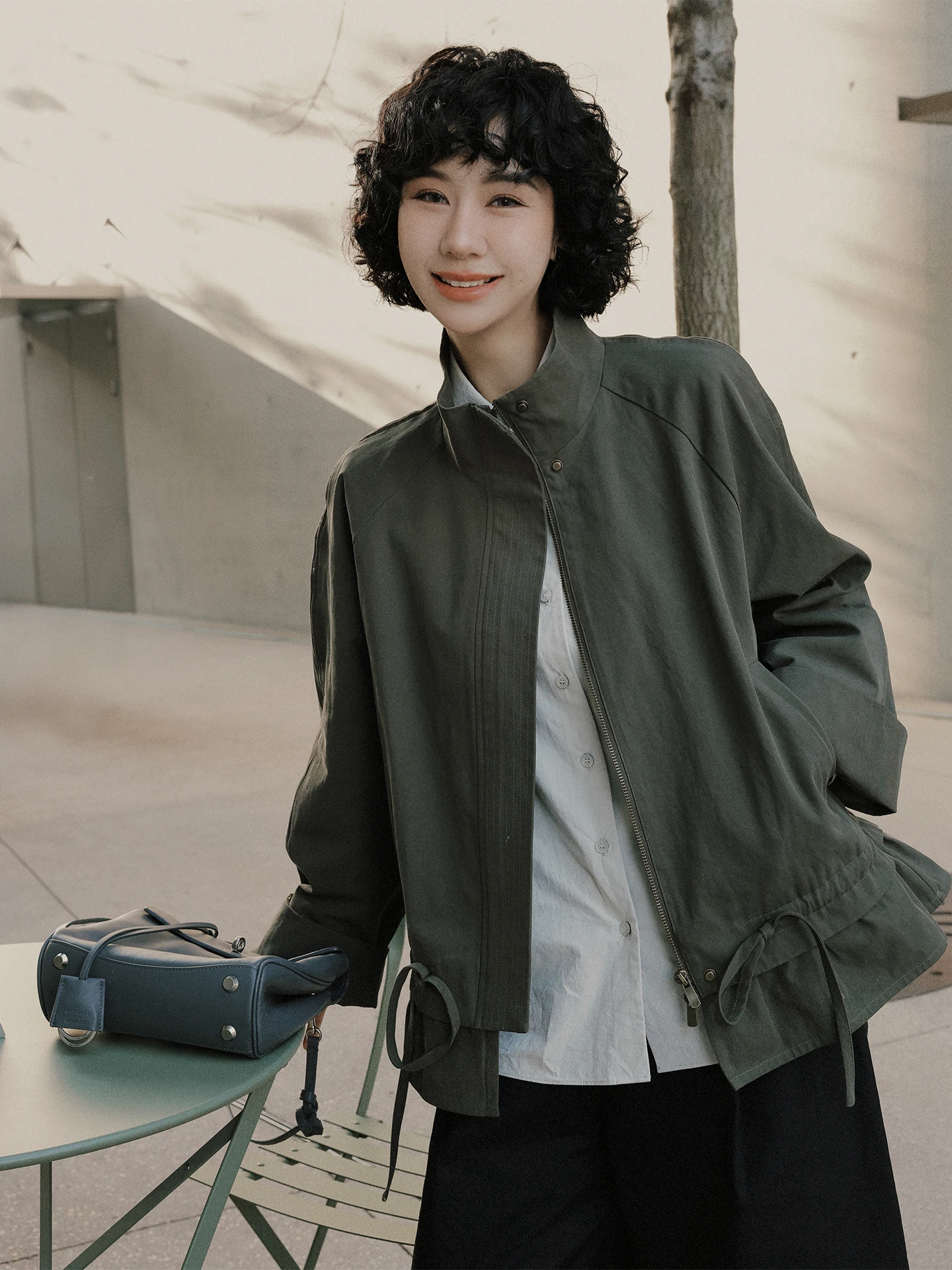 

TT Spring New Style Waist-Cinching Stand Collar Jacket Military Green Short Coat for Women Simple Cotton Casual Wear