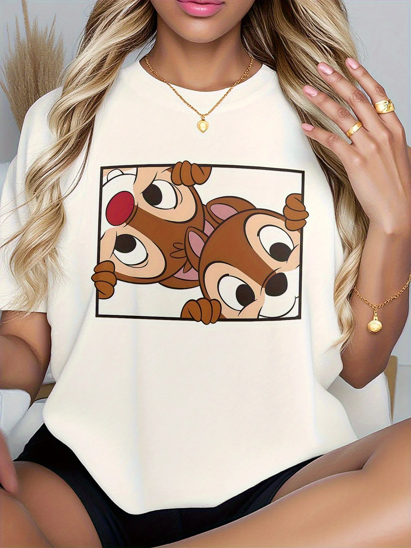 

Мужская и женская футболка Disney Chip&Dale — черный мультяшный принт, короткий рукав, круглый вырез, подходит для весны и лета