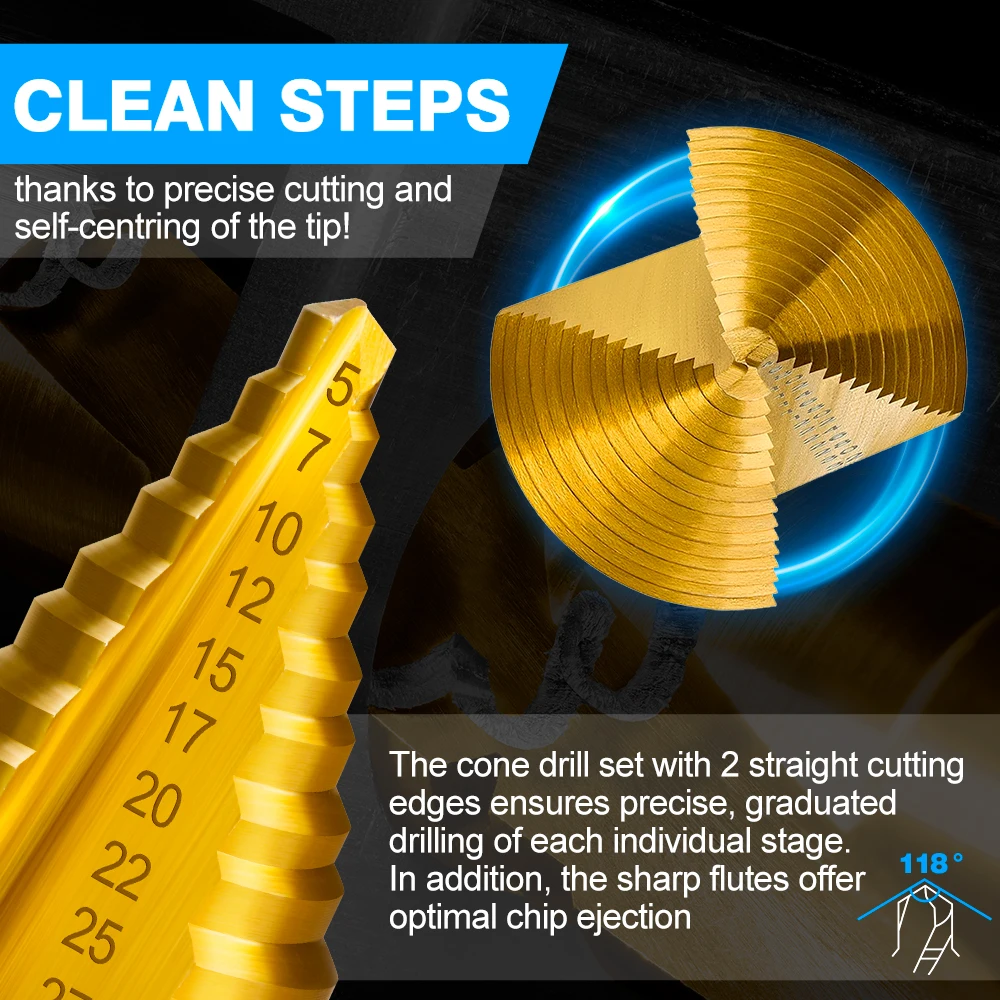XCAN 5-35mm HSS Step Drill Bit Straight Groove Titanium Coated Wood Metal Hole Cutter 13 Steps Multiple Hole Cone Drill Bit