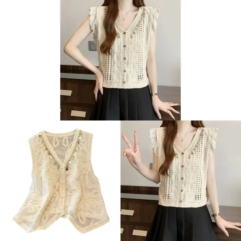 

V Neck Crochet Cardigan for Women Sleeveless Sequins Tassels Button Up Top