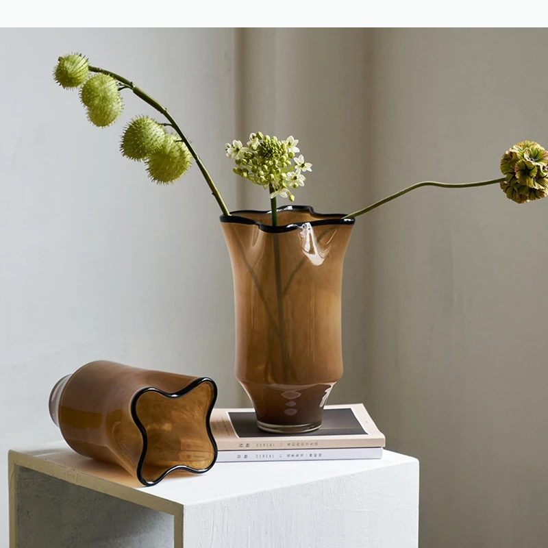 Black Glass Vase Desk Decoration Artificial Flower Decorative Flower Arrangement Floral Vases Room Aesthetic Decor