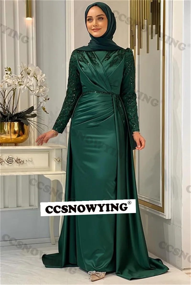 

Satin Appliques Beaded Muslim Evening Dresses Full Sleeve Islamic Hijab Formal Party Gown Women Arabic Kaftan Robe De Soiree