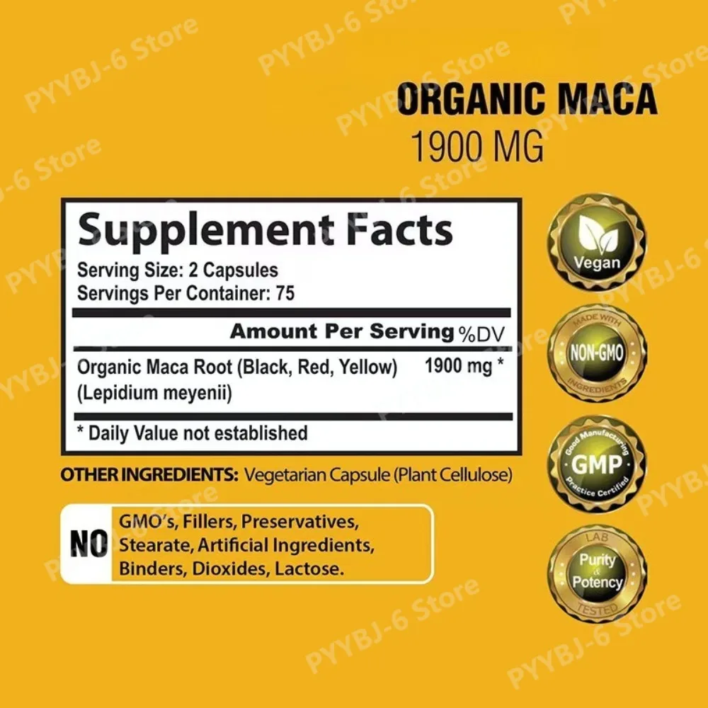 Organic Maca Root Capsules 1900mg 3-Color Blend Red Black Yellow Maca Non-GMO Gluten-Free Dietary Supplement 150 Capsules