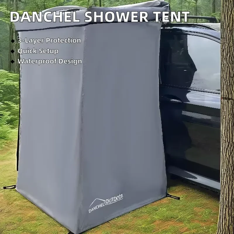 Portable Outdoor Shower Tent 300D Oxford Fabric Waterproof Grey Silver Coated Camping Privacy Room with LED Light Bar for 6
