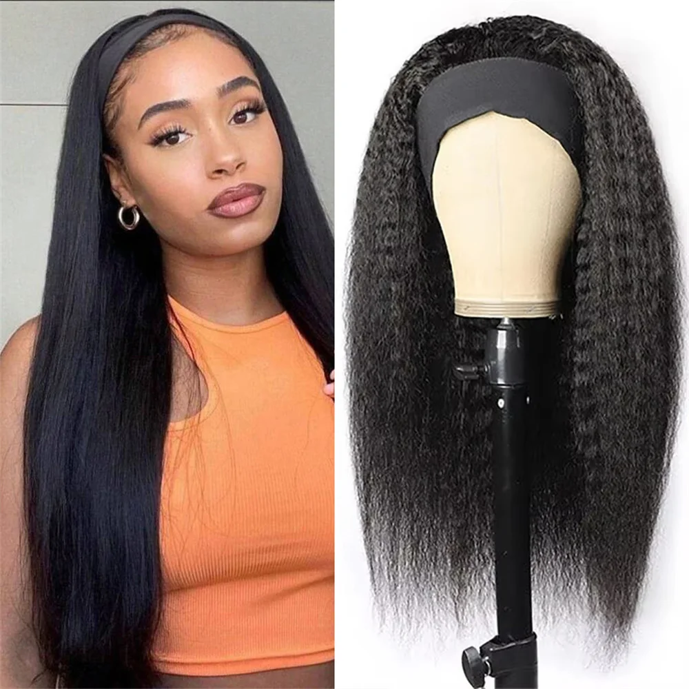 250 Density Headband Wigs Human Hair 16 18 Inch Kinky Straight Wave Wigs Human Hair Ready To Wear Yaki straight 100% Human Hair