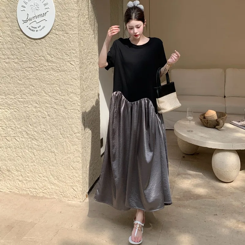 カジュアルルーズOネック半袖パッチワークマキシワンピース 夏 レディースワンピース 新作 スキニー ハイウエスト Aライン マキシTシャツワンピース