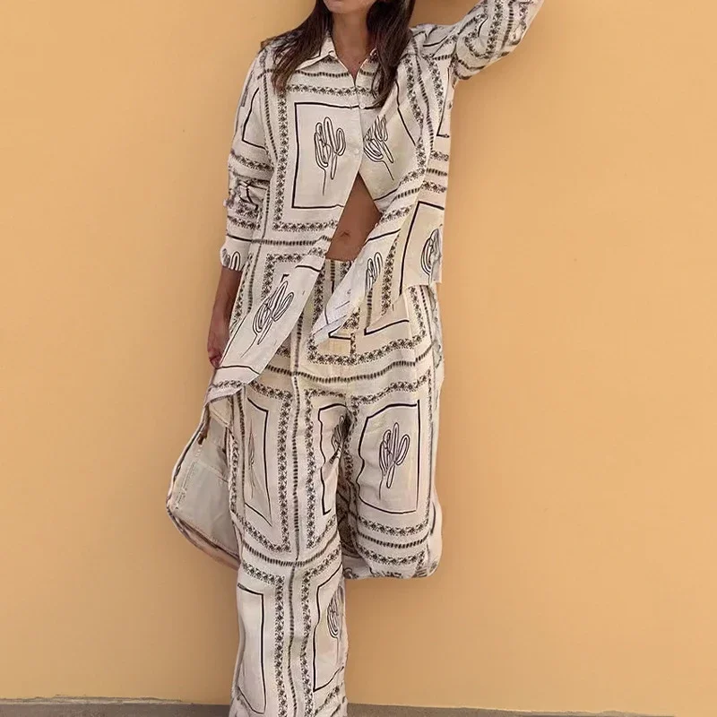 

Casual Long Sleeve Lapel Collar Blouse Tops&Wide Leg Pants Set Retro Female Suit Women Chic Graphic 2 Piece Vacation Outfit