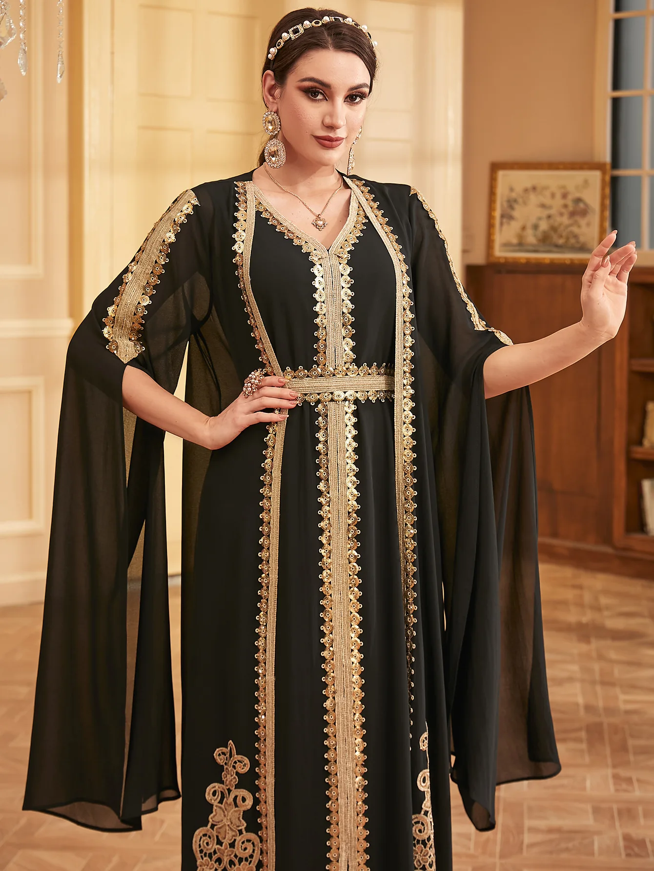 Médio oriente árabe muçulmano nova moda feminina bordado casual na moda solto elegante 2 peça define cardigan casaco vestidos femininos