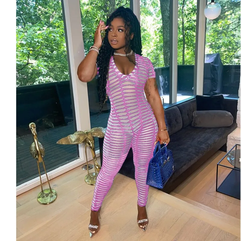 KEXU-mono Sexy transparente con estampado de malla y cuello en V para mujer, monos de fiesta para Club nocturno