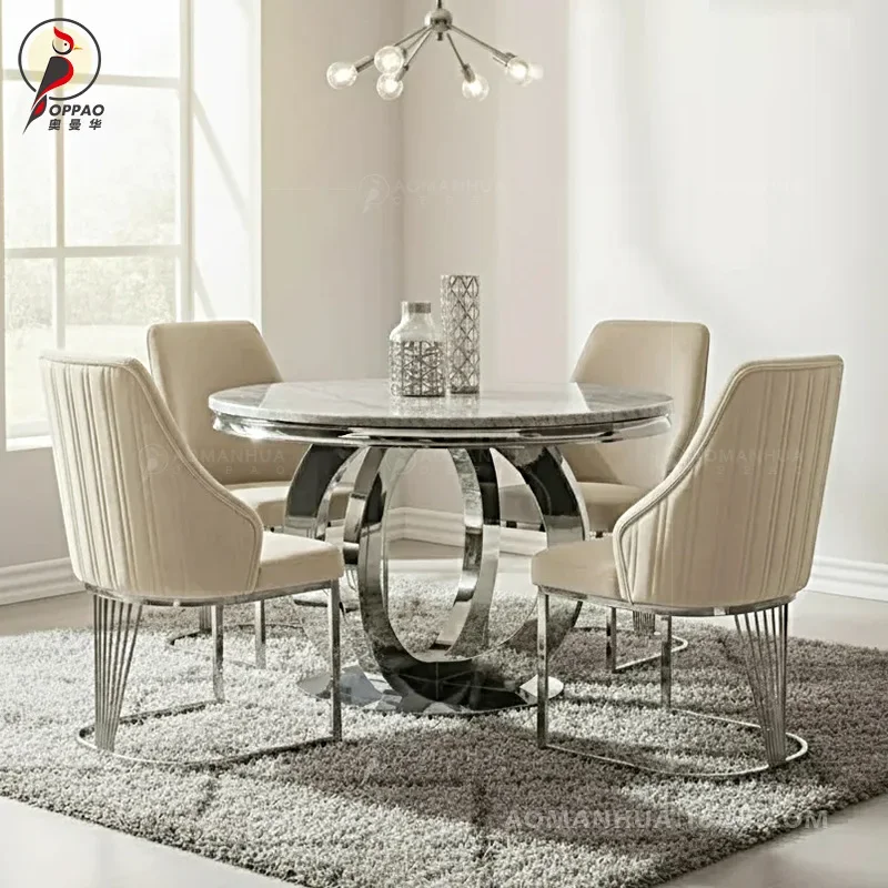 Light luxury stainless steel round table Modern simple marble dining table Eating table