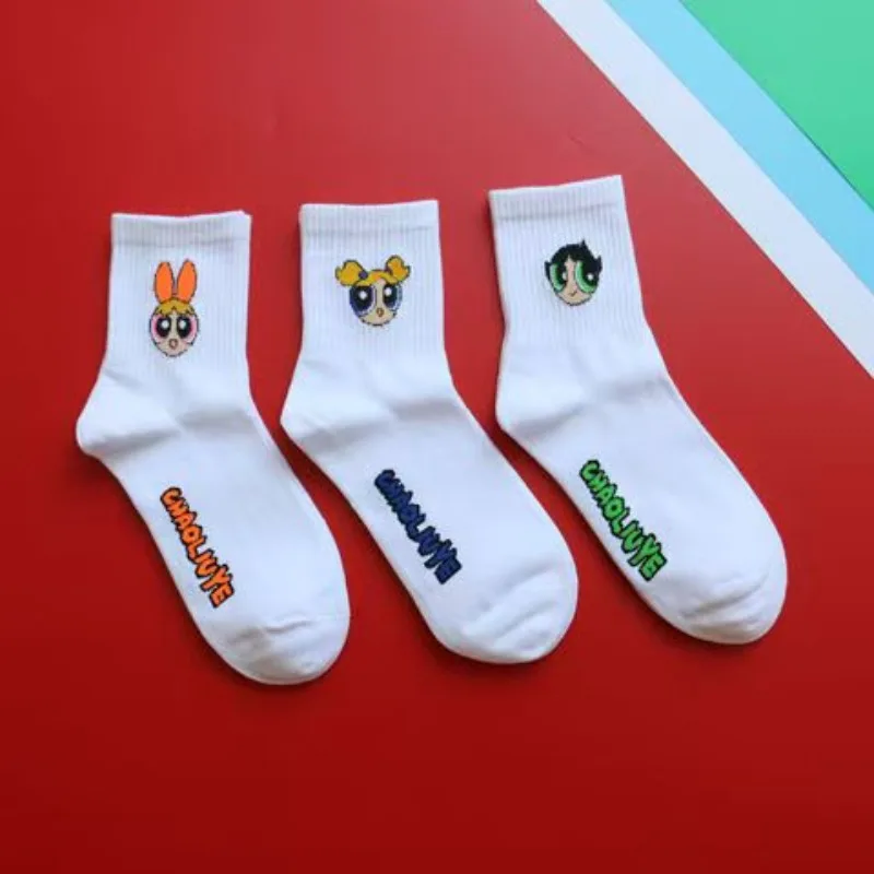 Men's and Women's Socks The Powerpuff Girls Mid-calf Street Stripes Ins Trend Hip-hop College Style Sports Skateboard Hip-hop