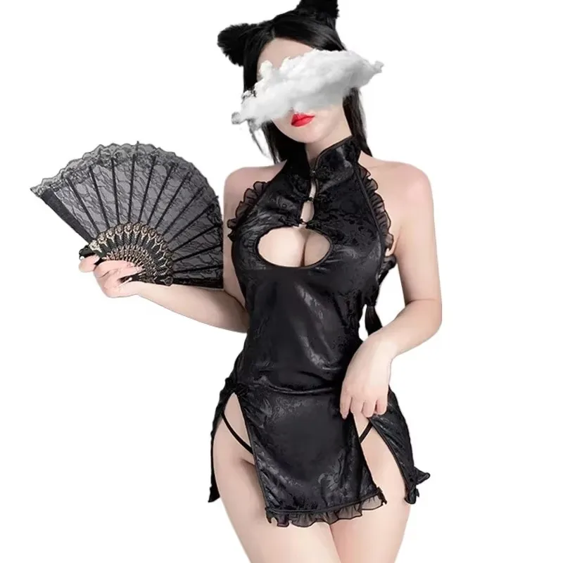 

Женское сексуальное платье Cheongsam для косплея, наряд для ролевых игр, тонкая традиционная юбка Ципао с разрезом, женская искушение, прозрачная эротическая форма