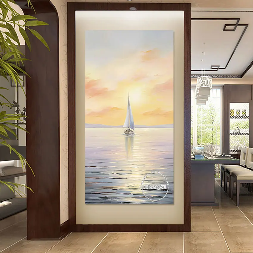 ملصق فني كبير الحجم من قماش المناظر البحرية، مشهد غروب الشمس، عمل فني للرسم الزيتي، لوحة صور جدارية فاخرة تجريدية، ديكور الفندق