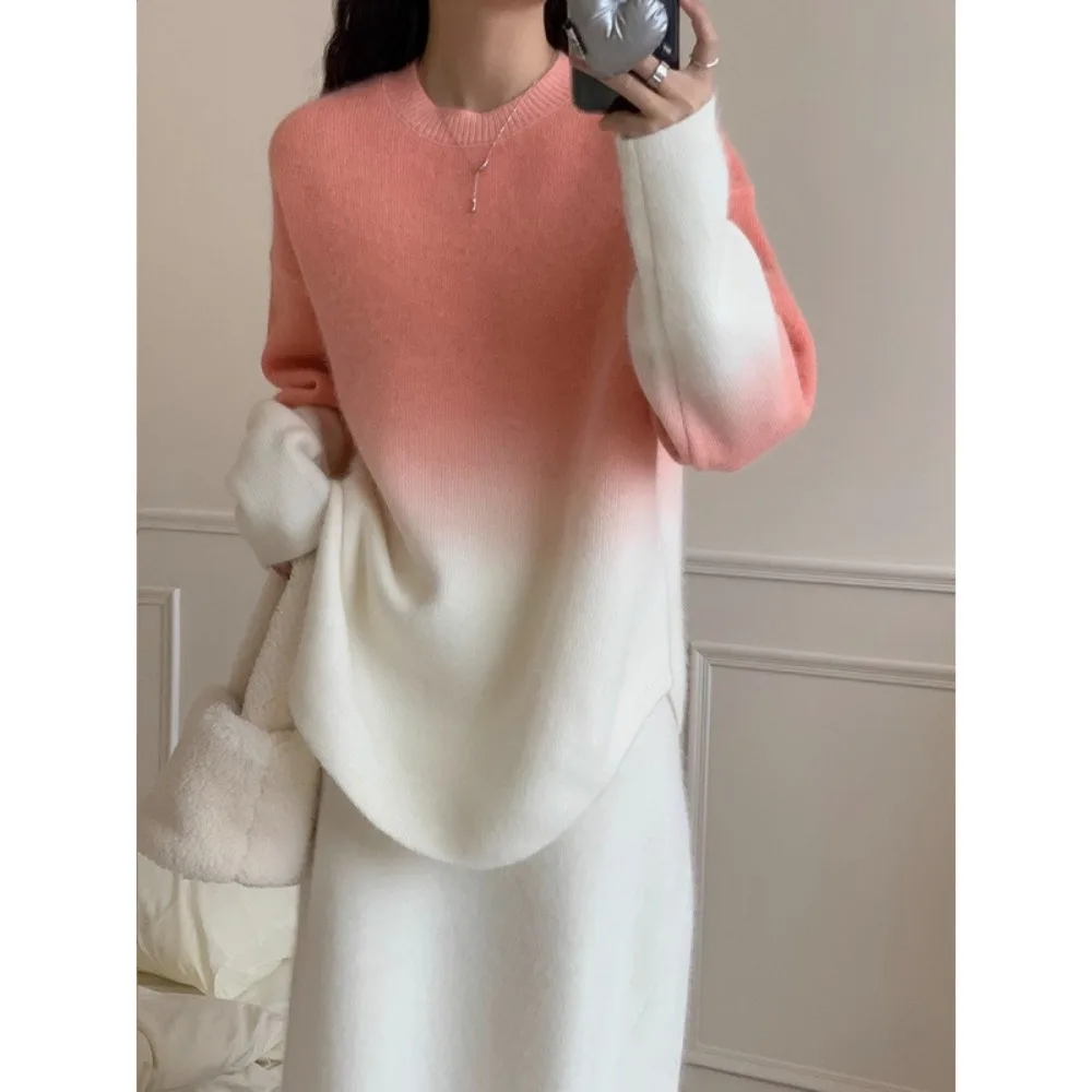 Gradient Color Lazy Loose Knitted Sweater Autumn and Winter Temperament Leisure Inner Wear Round Neck Pullover Sweater