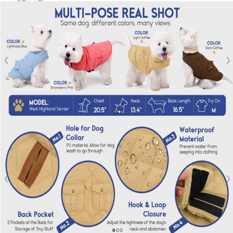 Warm Puffer Dog Jacket Thick Plush Quilting Large Winter Coat Small Dog Adjustable Hick Plush Fleece Dog Jacket with Pockets