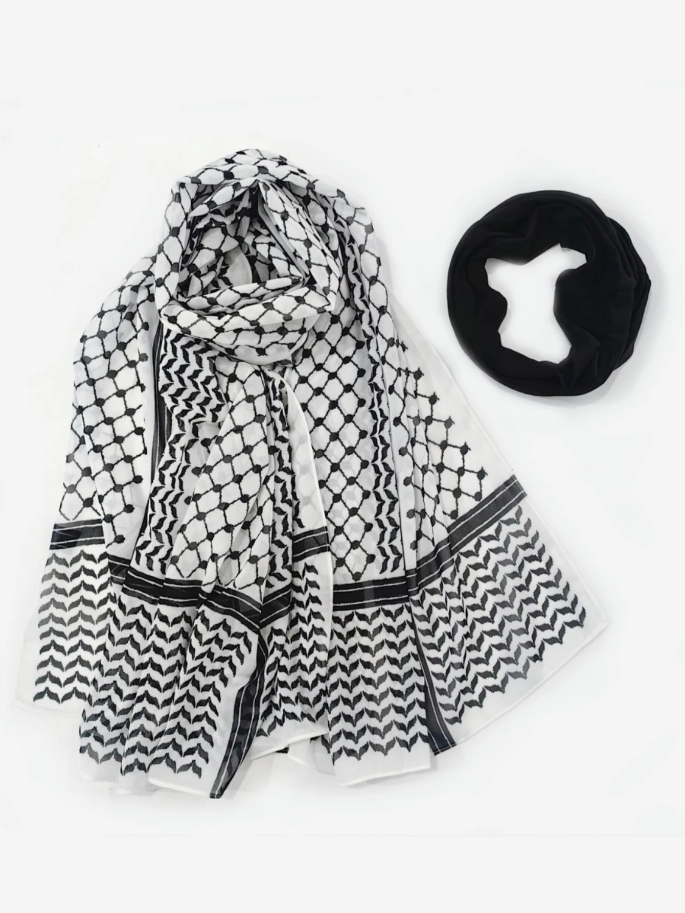 2pcs Women Keffiyeh with Tube Set Chiffon Print Shawl Echarpe Keffyeh Fashion Ladies Soft Headwraps Geometric Arab Women Scarf