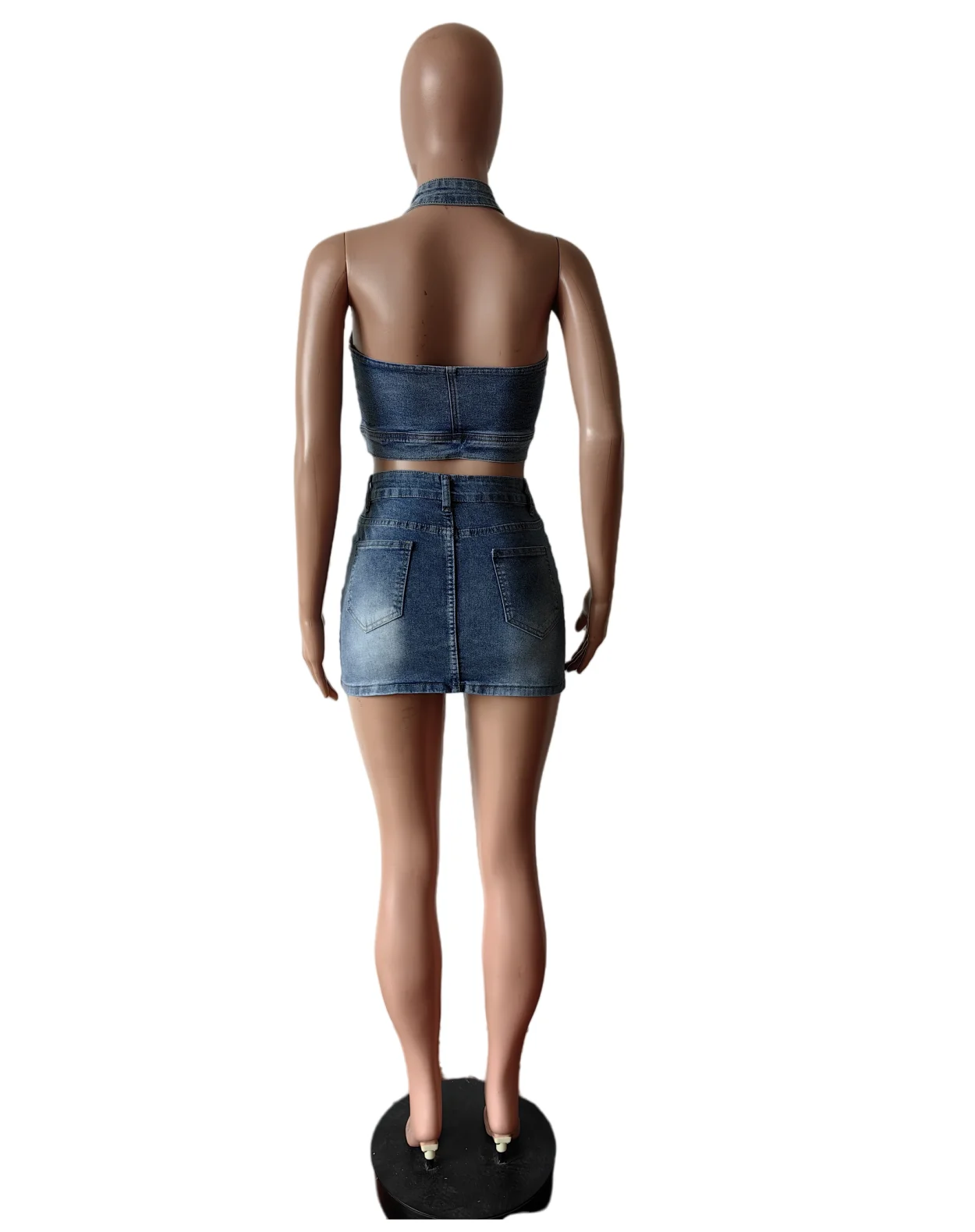 Summer stretch denim two pieces skirt set with halter denim tank top and mini denim skirt