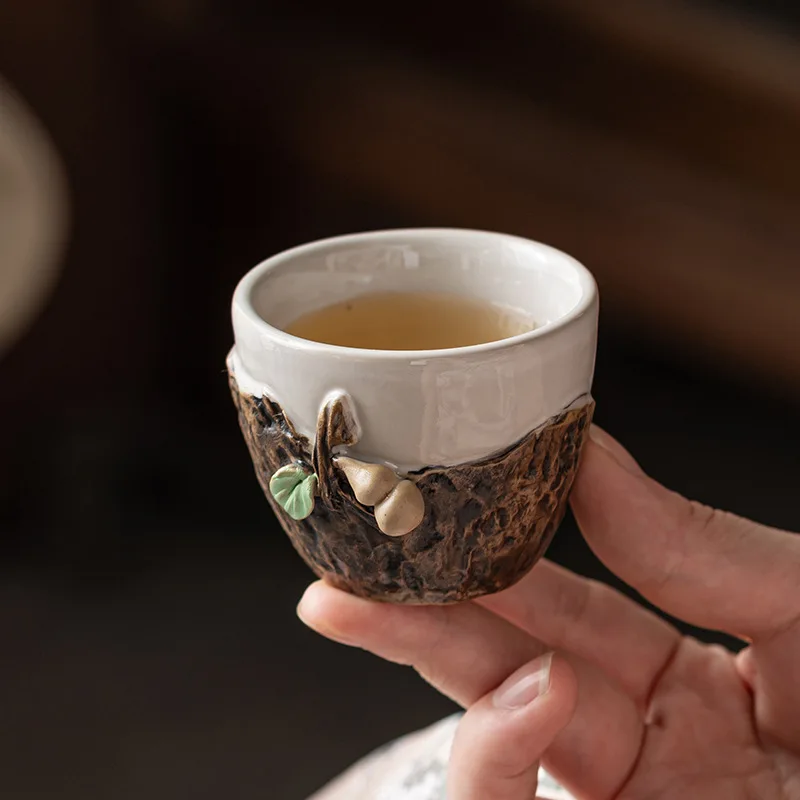 Hand Thickened Coarse Pottery Gourd Teacup Hand Pinched Tasting Cup Relief Pine Large Teapot Kung Fu Tea Set Wholesale