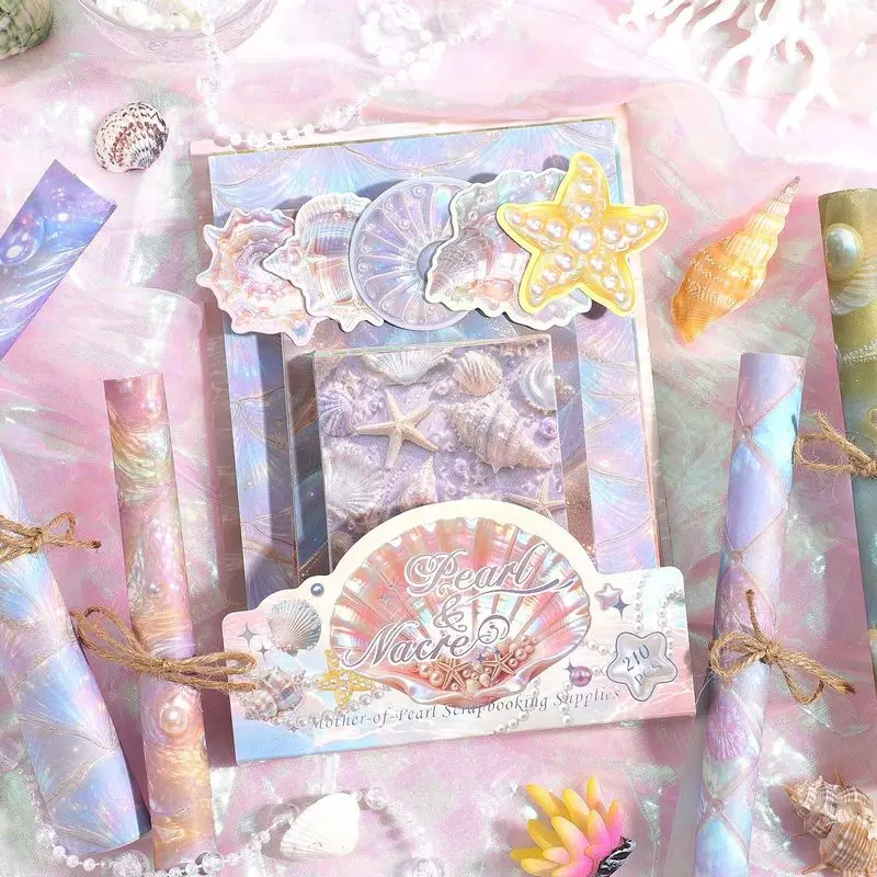 210Pcs Pearl Shell Iridescent Mixed Material Paper, Ocean Seashell Decor Material Paper for Journal Album DIY Scrapbook