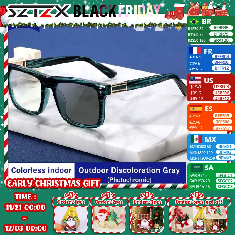 SZTZX New Casual Texture Men's Square Glasses Frames Anti-Blue Light Reading Glasses Photochromic Customizable Myopia Hyperopia