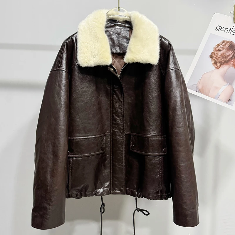 Doudoune en cuir marron hiver dames de luxe col de fourrure de vison 90 duvet d'oie blanche ample chaud cireux manteau en peau de mouton Doudoune Femme