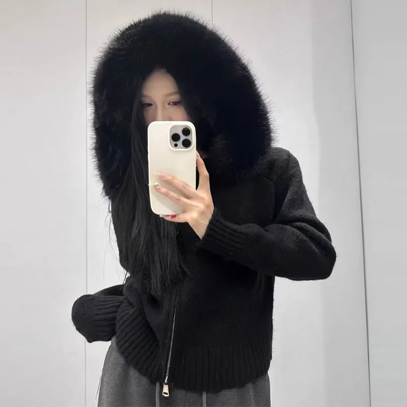 Knitwear Cardigan Women Spring Fashion Knitted Jacket Female Autumn Hooded Real Fox Fur Coat Natural Short Fur Coat Casual