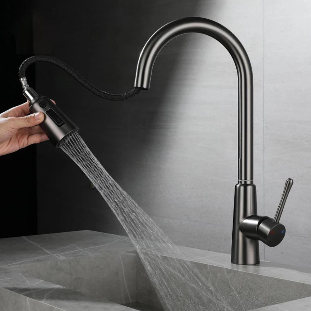 Kitchen Sink  Faucet  304 Stainless Steel Material 80 cm Hoses Pull Down Gun Grey & Brushed Grey Color Mixer Water Cold And Hot