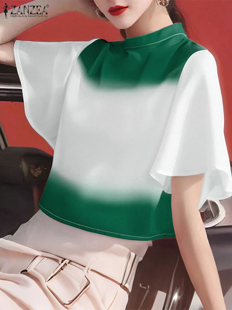 ZANZEA Casual Lose Bluse Frauen Farbe Patchwork Tunika O Neck Tops 2025, Sommer Mode Einfarbig Kurzarm Blusas Übergroßen