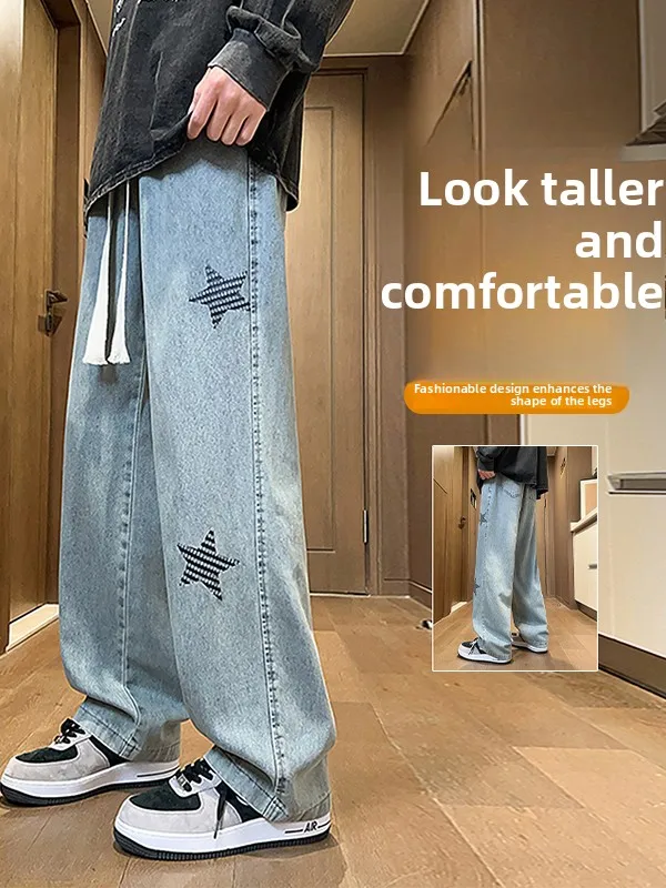 

Waed Denim Jeans High Waist Straight Leg Casual Pants for Boys Teenage Students Embroidery Long Trousers Autumn New Sle