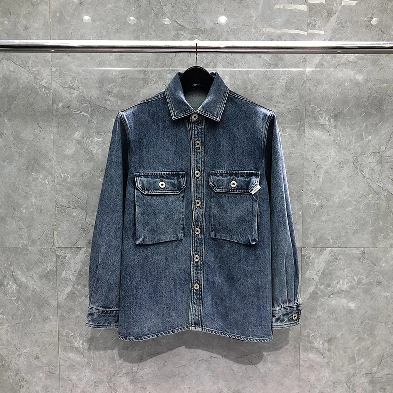 Denim Jacket Men High Quality Heavy Weight Washing Wear-resistant Multiple Pockets Denim Workwear Fashion Retro Lapel Denim Coat